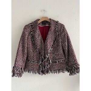 White House Black Market Tweed Fringed Jacket Size 8 Career Business Casual Boho